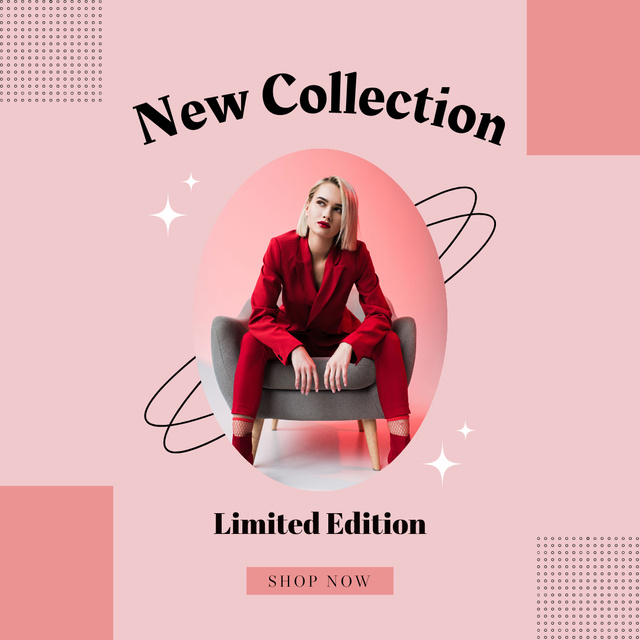Fashion Collection Ad with Woman in Red Suit Instagram tervezősablon
