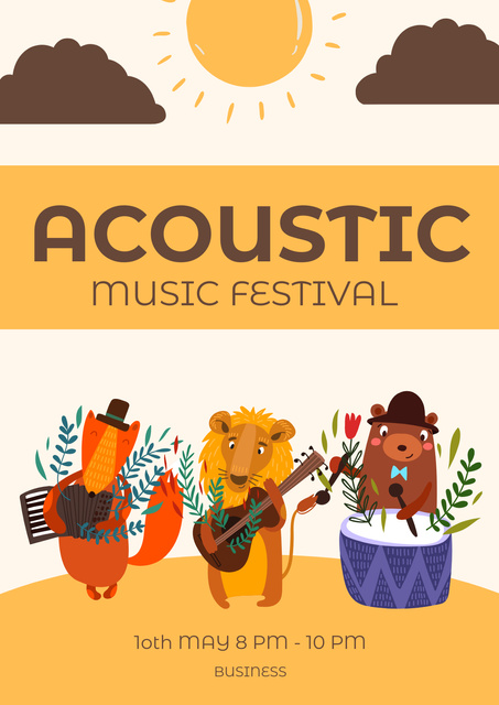 Plantilla de diseño de Cute Music Festival With Animals Playing Instruments Poster 