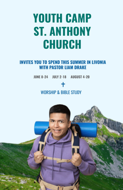 Template di design Youth Religion Camp Invitation with Guy in Mountains Flyer 5.5x8.5in