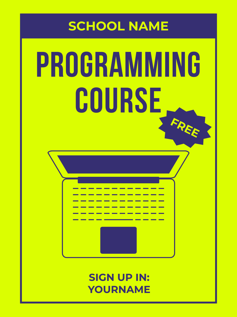 Free Programming Course Announcement with Laptop Poster US Tasarım Şablonu
