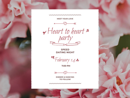 Valentine's Party Invitation with Cute Pink Flowers Poster 18x24in Horizontal Tasarım Şablonu