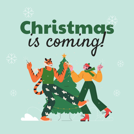 Charming Christmas Holiday Greetings with Tiger And Woman Dancing Instagram Design Template