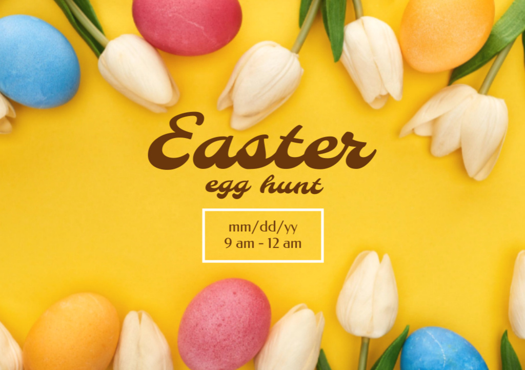 Szablon projektu Easter Egg Hunt Announcement with Colorful Eggs and Tulips Flyer A5 Horizontal