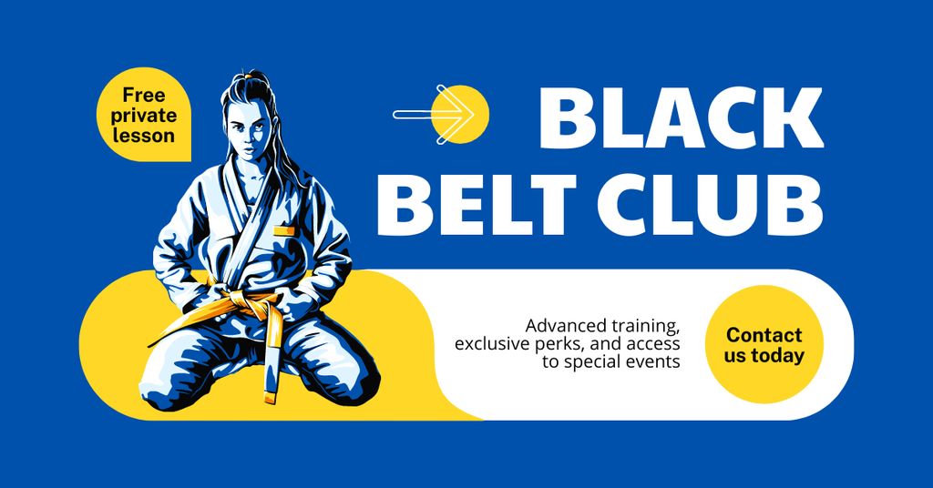 Black Belt Club Invitation with Illustration of Fighter in Blue Facebook AD Modelo de Design