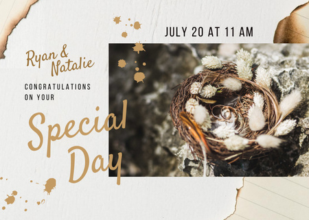 Template di design Wedding Greeting With Golden Rings In Cute Nest Postcard 5x7in
