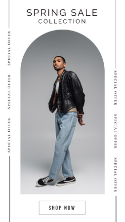 Designvorlage Frühjahrsverkauf Modekollektion mit jungem afroamerikanischem Mann für Instagram Story