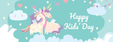 Children's Day Greeting with Cute Unicorns Facebook cover Design Template