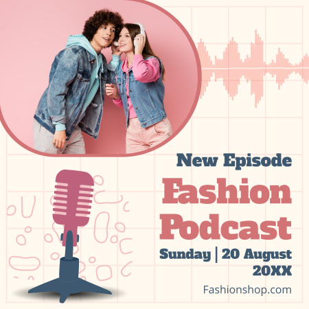 Anúncio de podcast de moda com casal de adolescentes estilosos Podcast Cover Modelo de Design