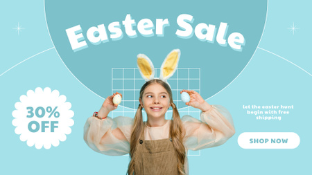 Ontwerpsjabloon van FB event cover van Mooi meisje met konijnenoren en eieren voor de verkoop van Pasen