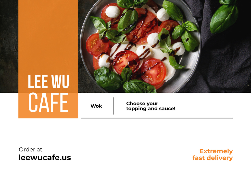 Modern Cafe Promotion with Caprese Salad And Sauce Poster B2 Horizontal Modelo de Design