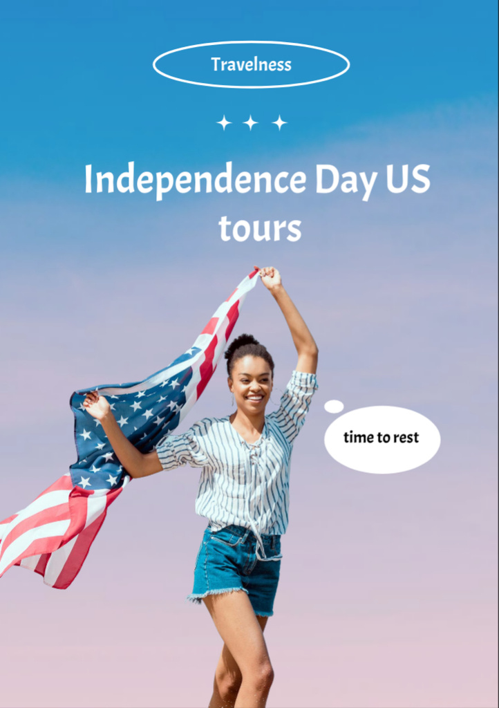 USA Independence Day Tours Ad with Woman holding Flag Flyer A7 tervezősablon