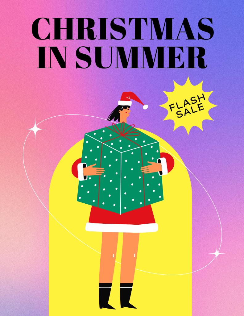 Ontwerpsjabloon van Flyer 8.5x11in van Christmas Flash Sale in July With Woman Holding Gift