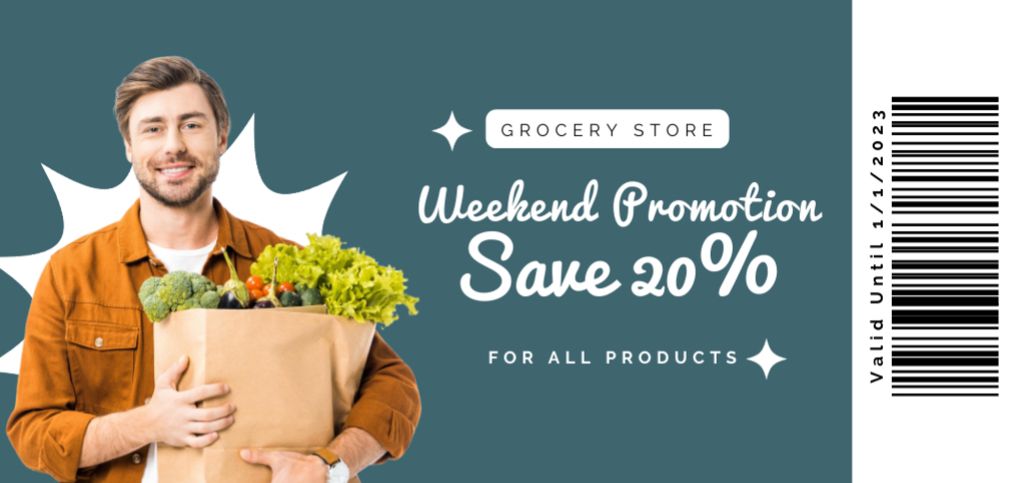 Weekend Promotion at Grocery Store with Young Man Coupon Din Large – шаблон для дизайна
