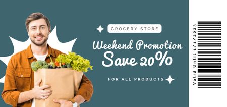 Plantilla de diseño de Weekend Promotion at Grocery Store with Young Man Coupon Din Large 