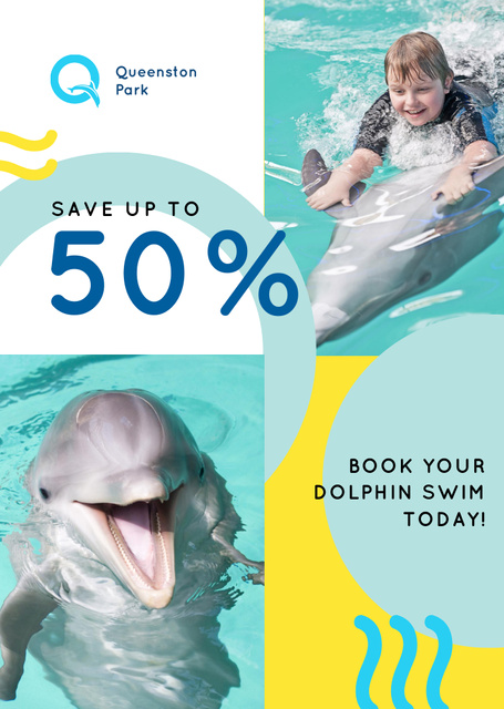 Discount on Swim with Dolphin Offer with Kid in Pool Flyer A6 Design Template