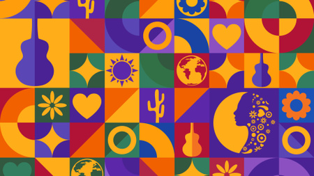 Värikkäät symbolit kitaralla ja kaktuksilla latinalaisamerikkalaiselle perintökuukaudelle Zoom Background Design Template
