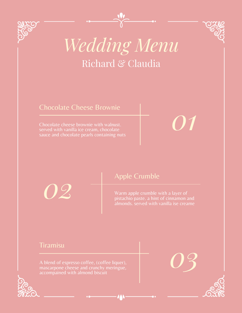 Elegant Minimal Pink Wedding Food List Menu 8.5x11inデザインテンプレート