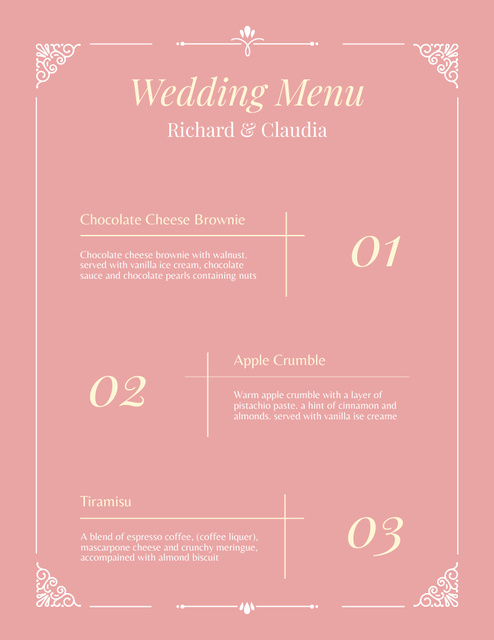 Elegant Minimal Pink Wedding Food List Menu 8.5x11in Πρότυπο σχεδίασης