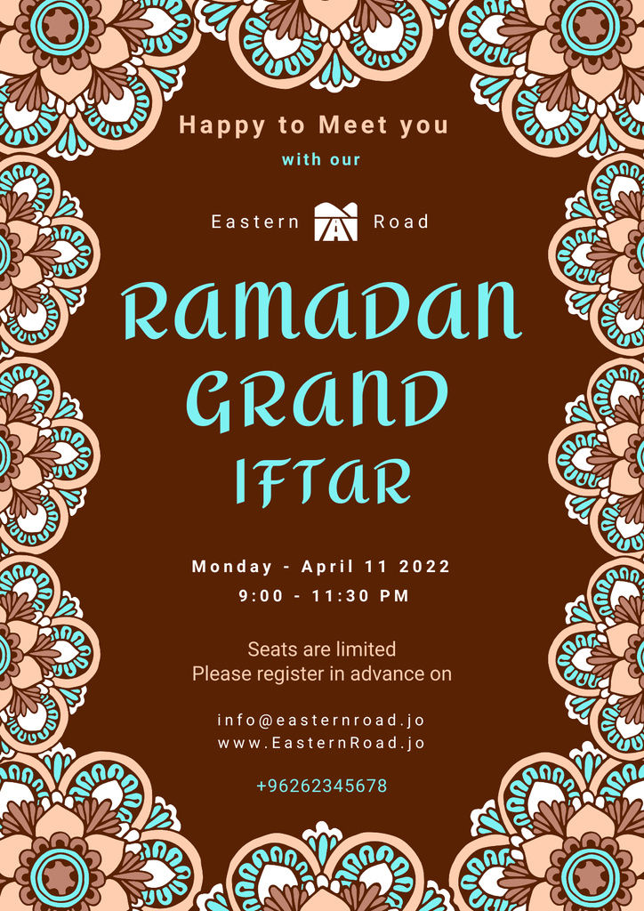 Ornamental Ramadan Greetings And Grand Iftar Announcement Poster Design Template