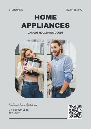 Man and Woman Buying Home Appliances on Grey Poster Design Template
