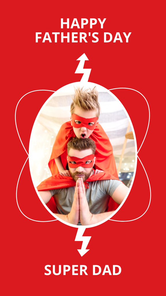 Platilla de diseño Father's Day with Happy Dad and Son in Superhero Costumes Instagram Story