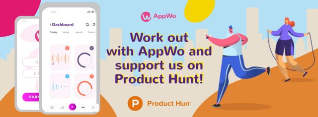Product Hunt Promotion Fitness App Interface on Gadgets Facebook cover – шаблон для дизайна