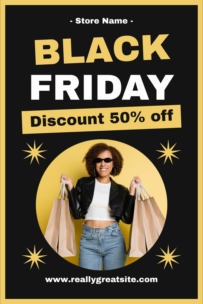 Black Friday Discounts Announcement with Happy African American Woman Pinterestデザインテンプレート