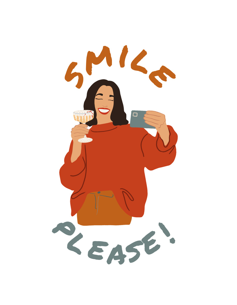 Girl with Beverage Smile to Camera  T-Shirt Design Template