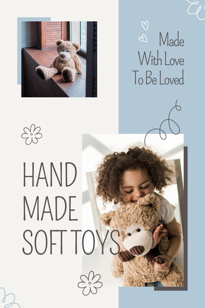 Sale of Handmade Soft Toys on Blue Pinterest Design Template