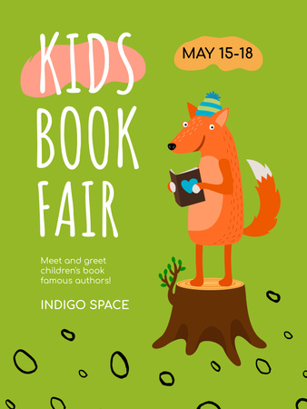 Children's Fair Announcement with Cute Fox with Book Poster 36x48in – шаблон для дизайну