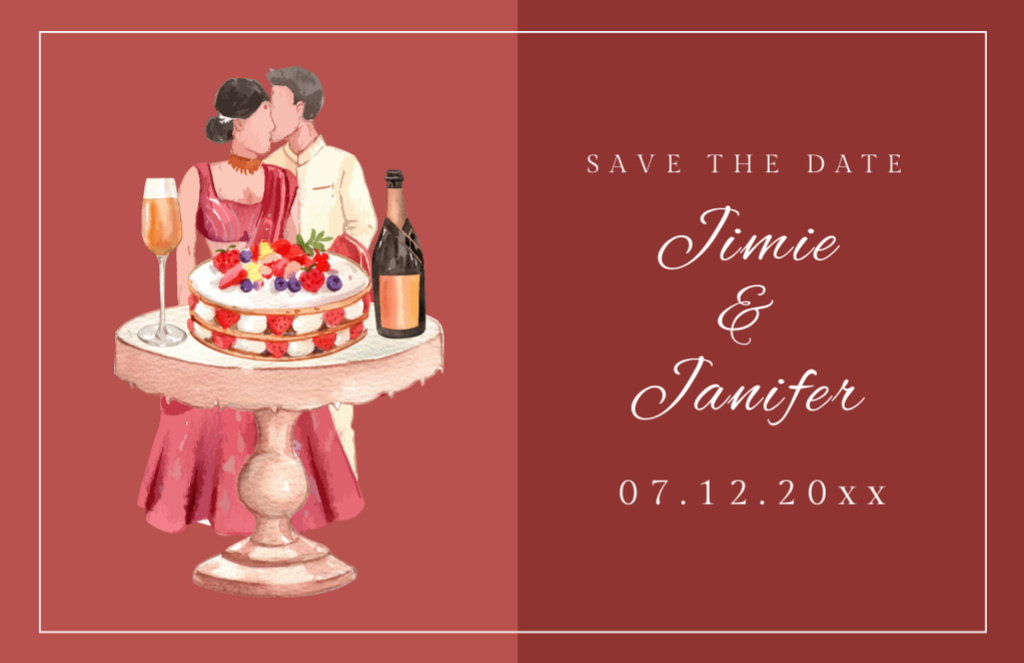 Save the Date Announcement with Illustration of Couple on Red Thank You Card 5.5x8.5in – шаблон для дизайна
