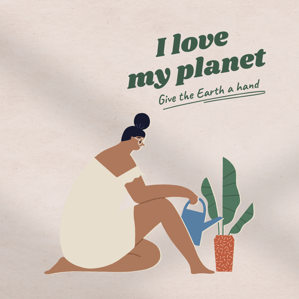 Planet Care Awareness with Girl watering Flower Instagram Modelo de Design