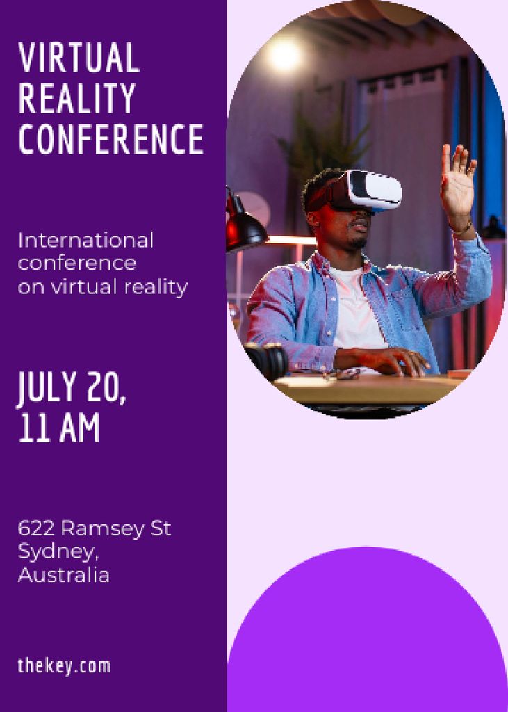 Virtual Reality Conference Announcement with Man on Workplace Invitation Modelo de Design