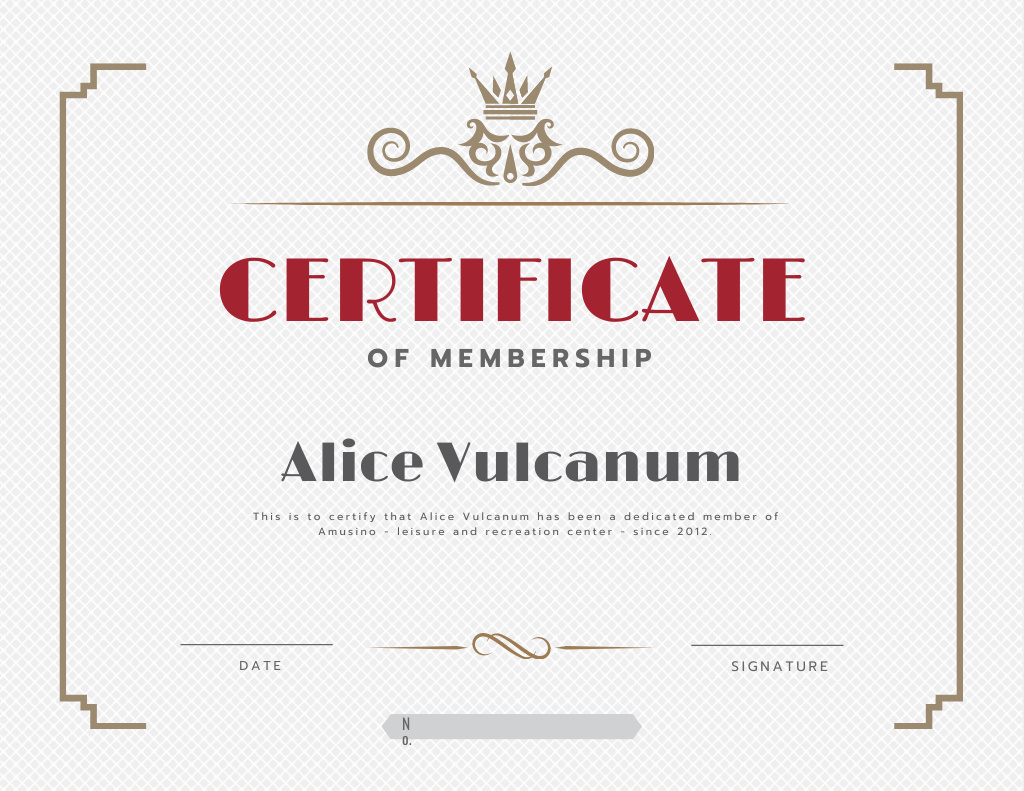 Leisure Center Membership confirmation in vintage frame Certificate Design Template