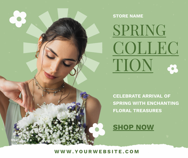 Ontwerpsjabloon van Facebook van Spring Collection Sale with Young Woman with Flowers