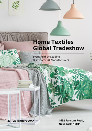 Home Textiles Event Announcement with Stylish Bedroom Flyer A5 Πρότυπο σχεδίασης