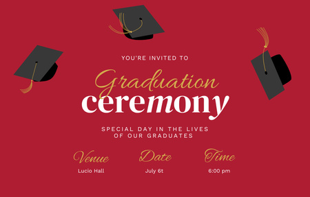 Platilla de diseño Graduation Ceremony Announcement With Graduators' Hats in Red Invitation 4.6x7.2in Horizontal