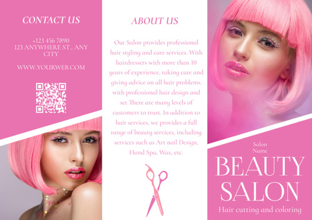Serviços de salão de beleza com jovem de cabelo rosa Brochure Modelo de Design