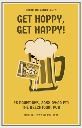 Happy Beer Party Ad on Yellow Invitation 4.6x7.2in Design Template