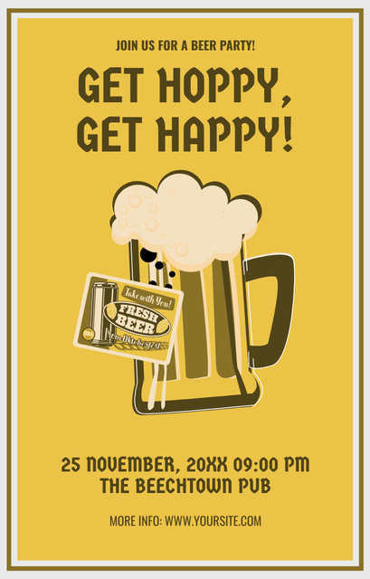 Happy Beer Party Ad on Yellow Invitation 4.6x7.2in Šablona návrhu
