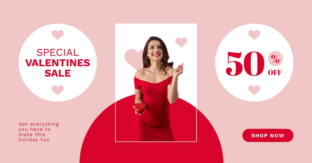 Valentine's Day Sale Announcement with Woman in Stunning Red Dress Facebook AD Šablona návrhu