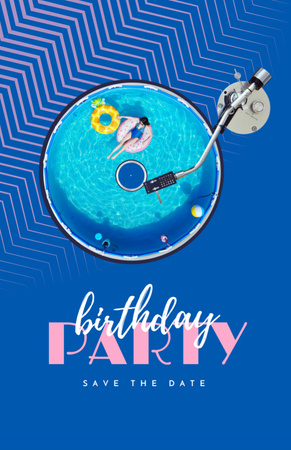 Ontwerpsjabloon van Invitation 5.5x8.5in van Verjaardagsfeestje Met Opblaasbare Ringen In Het Zwembad