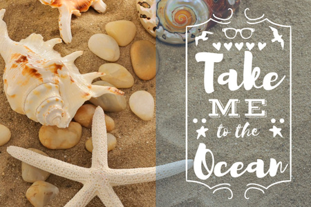 Template di design seashells su sabbia con preventivo Postcard 4x6in