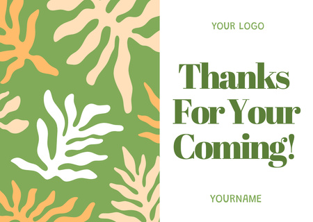 Thank You For Coming Message with Abstract Tropical Leaves Card Design Template