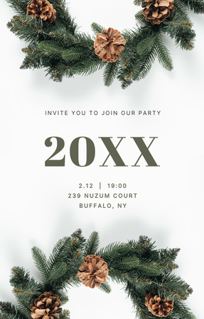 New Year Party Announcement with Festive Pine Wreaths Invitation 4.6x7.2in Design Template