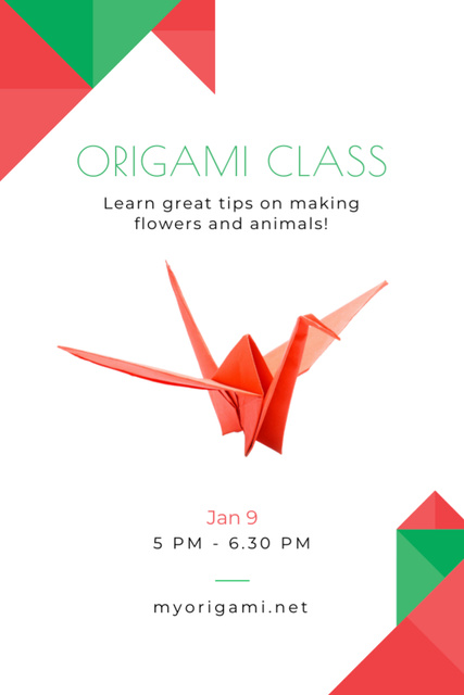 Origami Classes Invitation with Red Paper Bird Flyer 4x6inデザインテンプレート