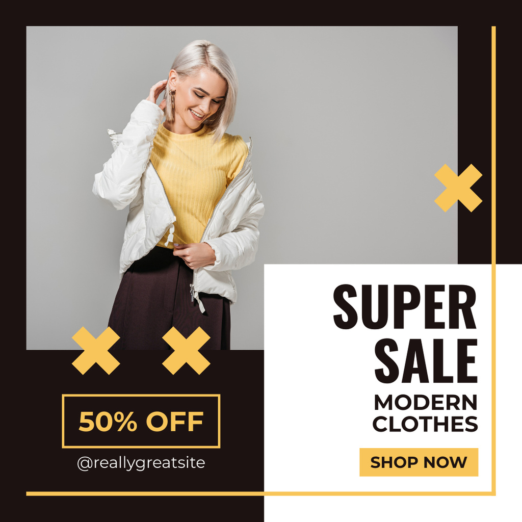 Modern Clothes Sale Offer with Lady in White Jacket Instagram Šablona návrhu