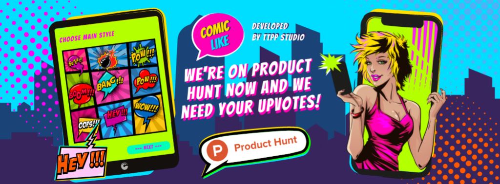 Platilla de diseño Product Hunt Promotion with Girl Taking Selfie on Screen Facebook cover