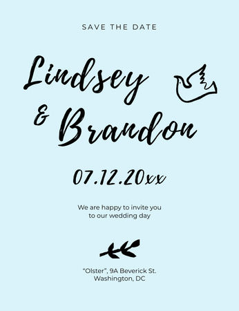 Save the Date and Wedding Event Announcement with Dove Illustration Invitation 13.9x10.7cm Design Template