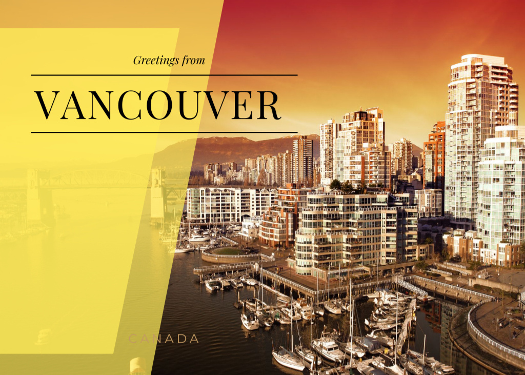 Vancouver Cityscape With Greetings Postcard 5x7in Design Template